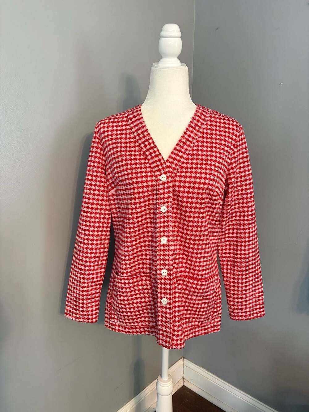 Vintage Lady Blair Red & White Houndstooth Cardigan Jacket L/XL Grannycore Costu